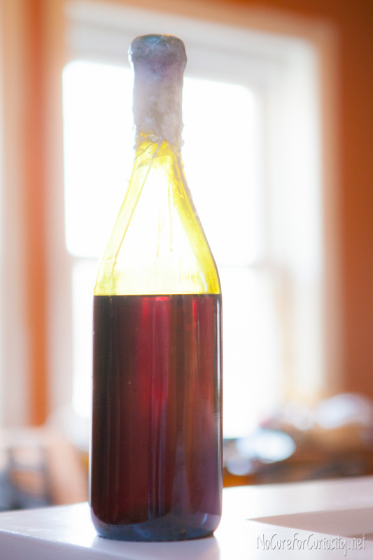 A bottle of homemade mulberry wine.