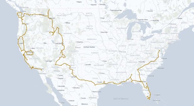 A map of the USA showing a route from the east coast to the west coast